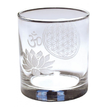 Teelicht Glas Blume des Lebens und Om Lotus 7x8cm Teelicht Glas Blume des Lebens und Om Lotus 7x8cm