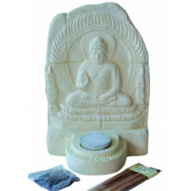 Teelichthalter Buddha Relief Resin weiss Teelichthalter Buddha Relief Resin weiss