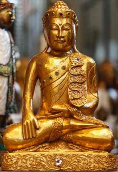 Holz-Buddha sitzend mit Blattgold belegt 60cm2