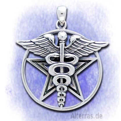 Anhänger Caduceus mit Pentagramm aus 925-Silber