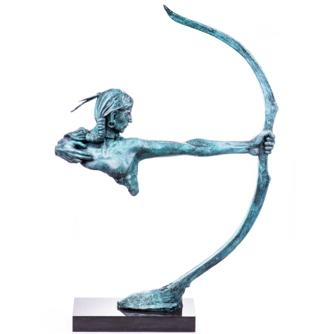Moderne Bronzefigur Indianer mit Bogen mit Grüner Patina 2 - Moderne Bronzefigur Indianer mit Bogen mit Grüner Patina 85cm (2)