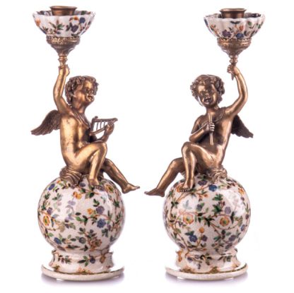 Kerzenständer "Engel auf Kugel mit Blumen" 2er Set 33x13x12cm