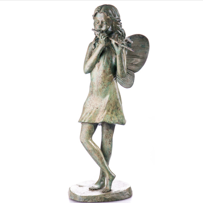 Bronze Figur Elfe mit Flöte mit grüner Patina 48cm Bronze Figur Elfe mit Flöte mit grüner Patina 48cm