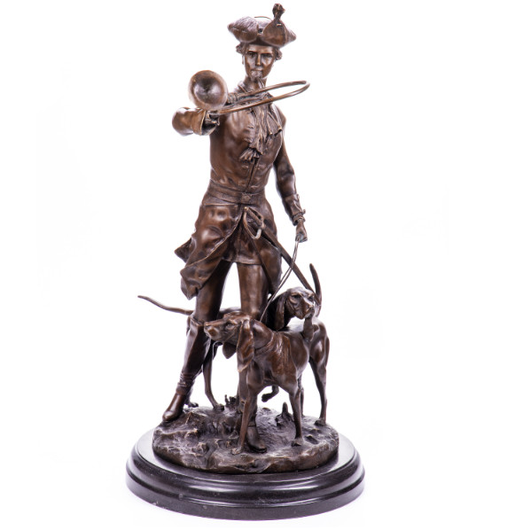 Bronze Figur Mann - Jäger mit Jagdhorn und Jagdhunden nach A.Moreau Bronze Figur Mann - Jäger mit Jagdhorn und Jagdhunden nach A.Moreau
