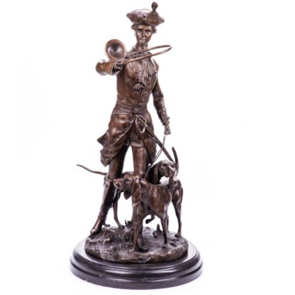Bronze Figur Mann - Jäger mit Jagdhorn und Jagdhunden nach A.Moreau