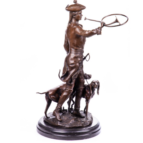 Bronze Figur Mann - Jäger mit Jagdhorn und Jagdhunden nach A.Moreau3 Bronze Figur "Mann - Jäger mit Jagdhorn und Jagdhunden" nach A.Moreau 68cm – Bild 3