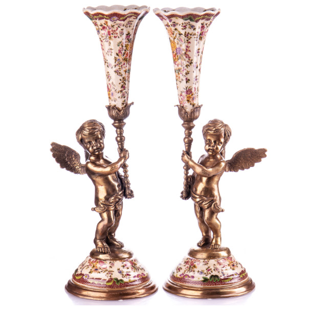 Kerzenständer Engel mit bunten Blumen 2er Set 40x17x14cm Kerzenständer Engel mit bunten Blumen 2er Set 40x17x14cm