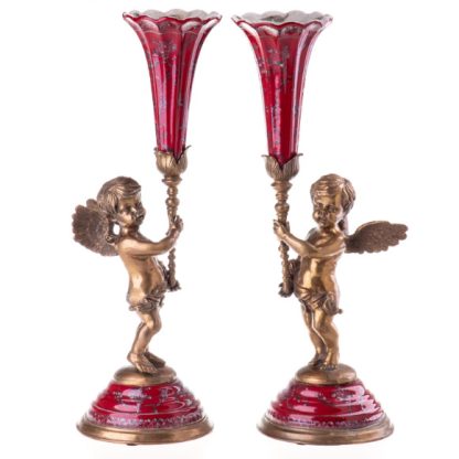 Kerzenständer "Engel mit roten Blumen" 2er Set 40x17x14cm