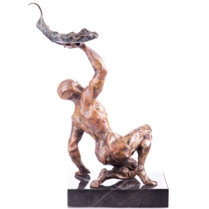 Moderne Bronze Figur Mann mit Blatt 42cm