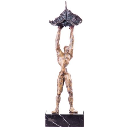 Moderne Bronze Figur Mann mit Blatt stehend 42cm