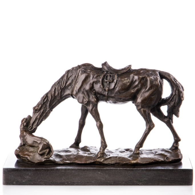 Bronze Figur Tier - Pferd mit Hund 23x34cm2 Bronze Figur Tier - Pferd mit Hund 23x34cm2