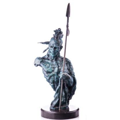 Moderne Bronze Figur Indianer mit Speer mit grüner Patina 61cm