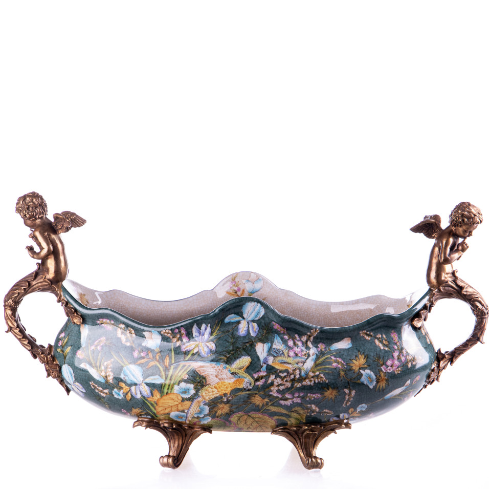 Prunkschale Jardinière Engel und Vögel dunkel 29x54x22cm