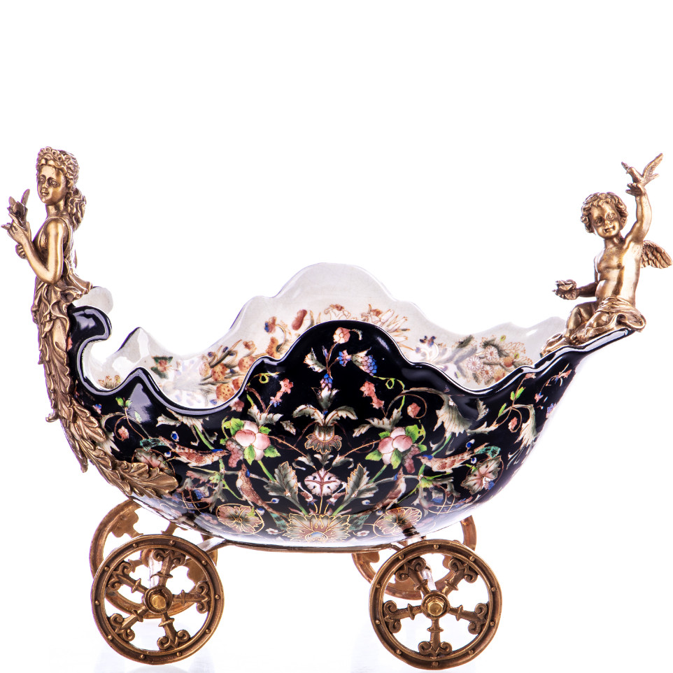 Prunkschale Jardinière Kutsche mit Frau und Engel30x40x24cm Prunkschale Jardinière Kutsche mit Frau und Engel30x40x24cm