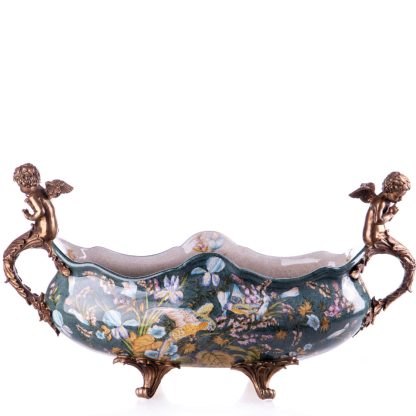 Prunkschale Jardinière Engel und Vögel dunkel 29x54x22cm