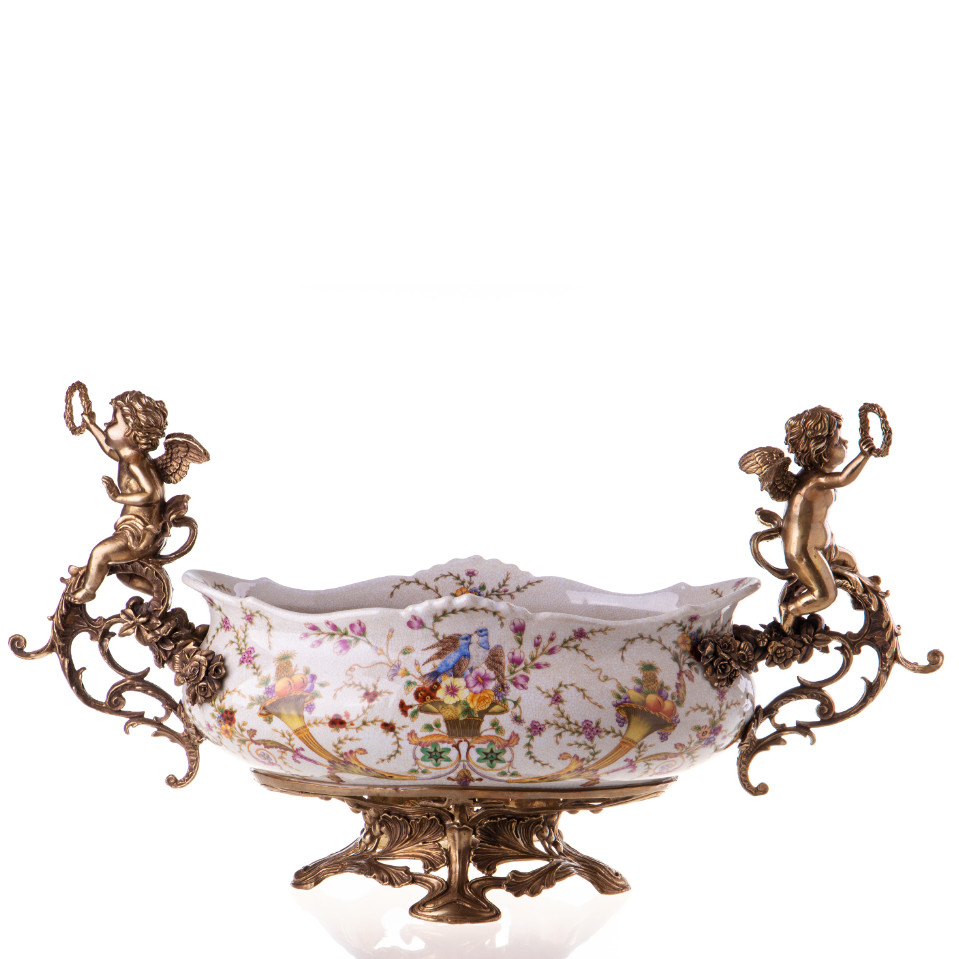 Große Prunkschale Jardinière Engel mit Lorbeerkranz 36x67x24cm