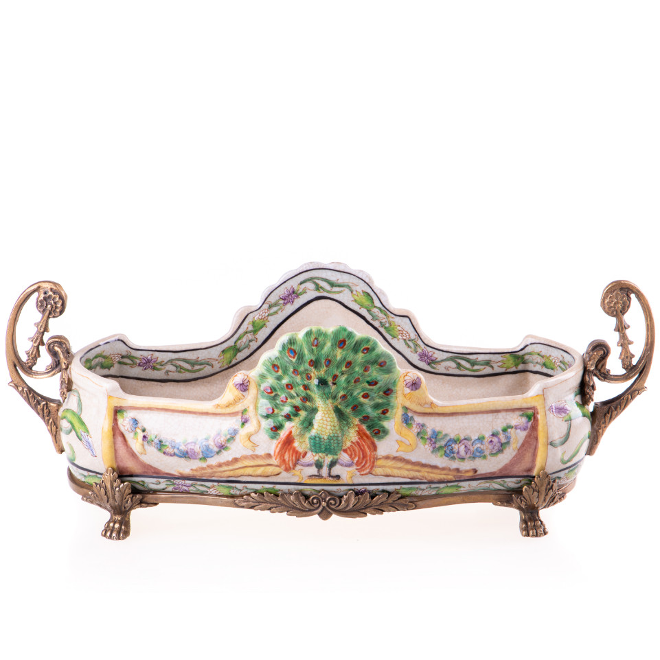 Prunkschale Jardinière mit Pfau 15x42x18cm