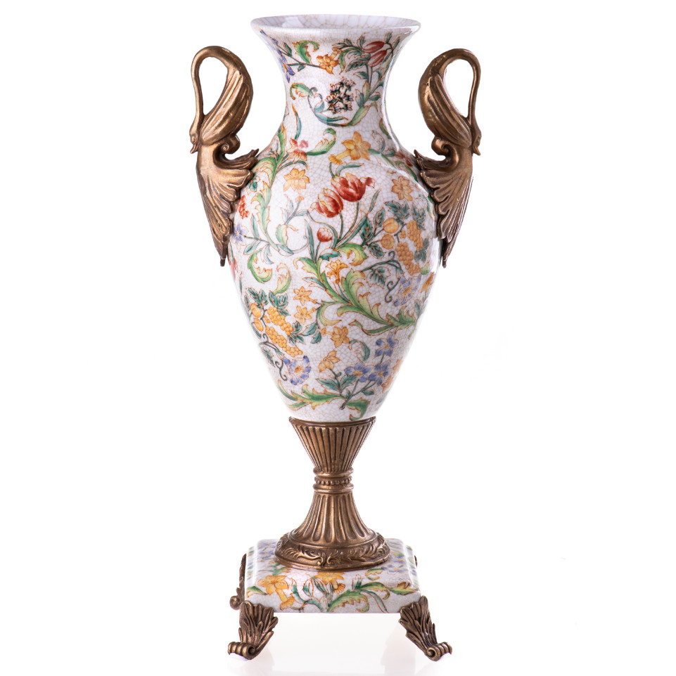 Prunkvase Schwäne und Blumen 38x18x13cm