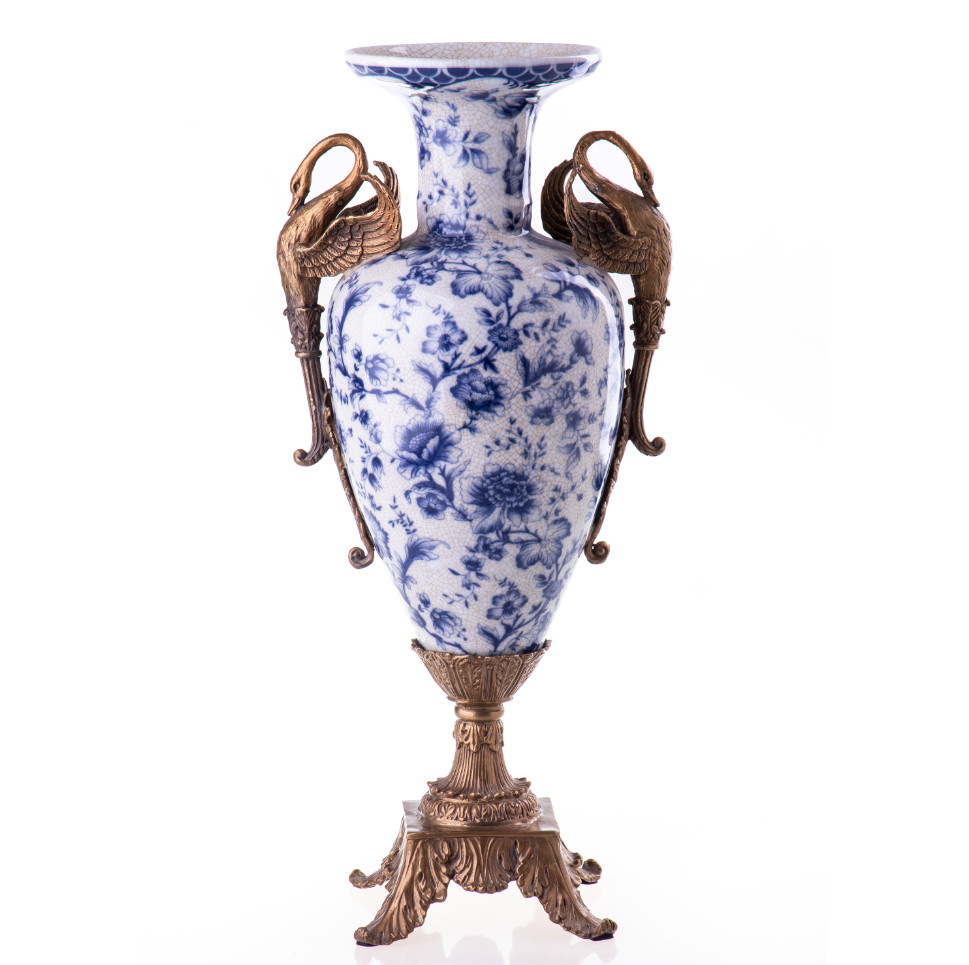 Prunkvase Schwäne und Blumen blau 43x24x18 cm