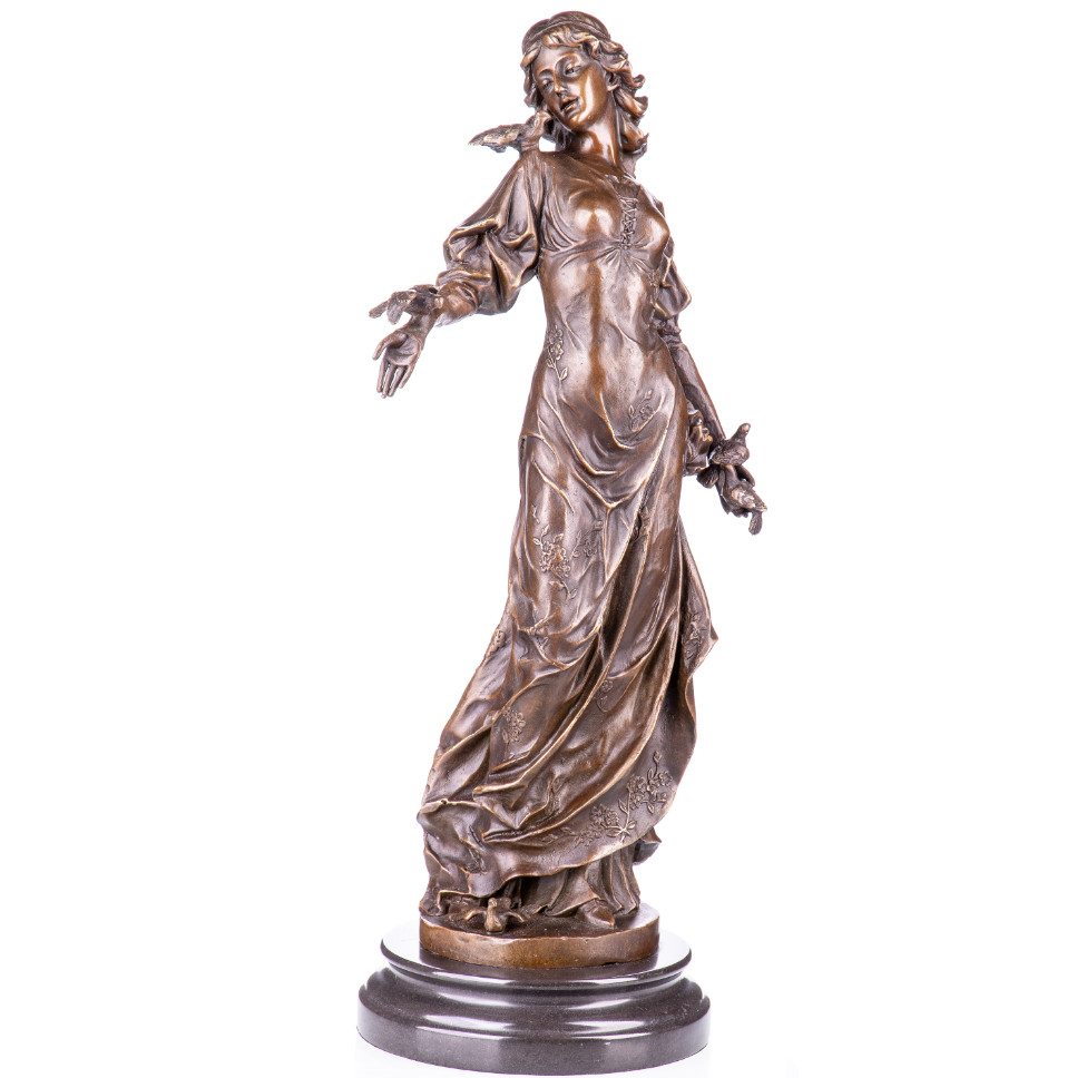 Bronze Figur Frau mit Vögeln 47x16x18cm