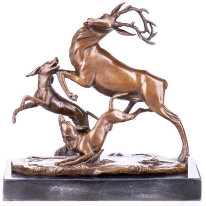 Bronze Figur Tier - Hirsch mit Jagdhunden 28x28x14cm