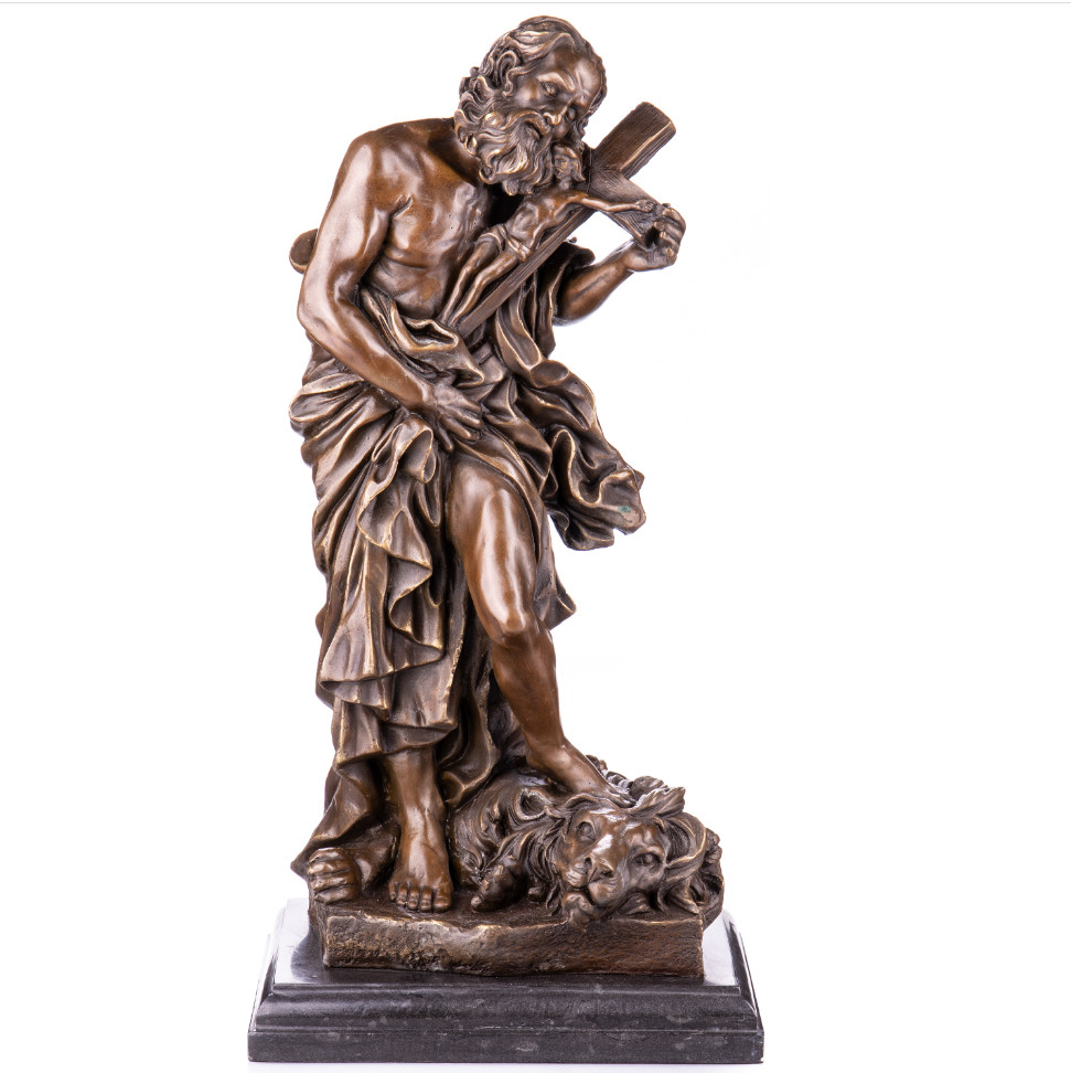 Bronze Figur Heiliger Hieronymus mit Kruzifix auf einem Löwen 57x28x21cm