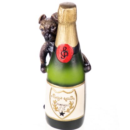 Farbige Bronzefigur Wiener Art Hund mit Champagner Flasche 11x7x5cm