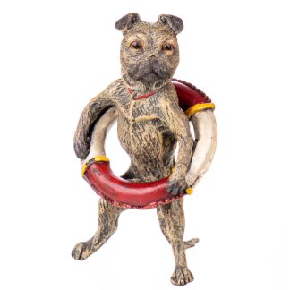 Farbige Bronzefigur Wiener Art Hund mit Rettungsring 9x5x4cm