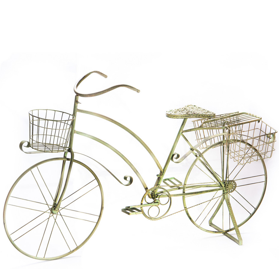 Gartendeko aus Metall - Fahrrad mit Blumenkörben grün 91x136x47cm Gartendeko aus Metall - Fahrrad mit Blumenkörben grün 91x136x47cm