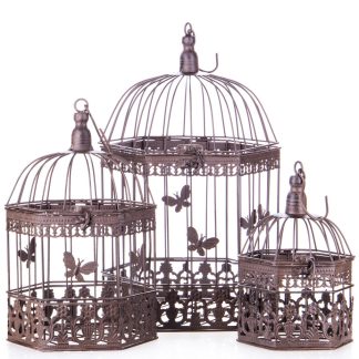 Gartendeko aus Metall - Vogelkäfige 3er Set braun