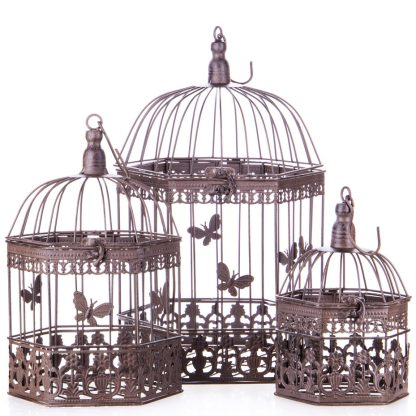 Gartendeko aus Metall - Vogelkäfige 3er Set braun