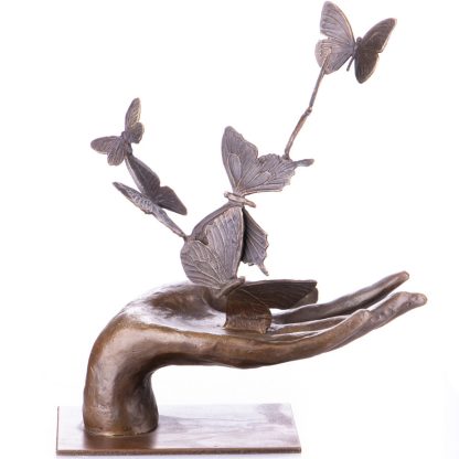 Moderne Bronzefigur Hand mit Schmetterlingen 31x27x14cm