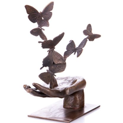 Moderne Bronzefigur Hand mit Schmetterlingen 31x27x14cm2
