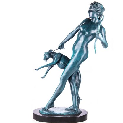 Art Deco Bronze Figur - Diana Göttin der Jagd mit Hund und Bogen nach E.McCartan grün patiniert 78x50x34cm