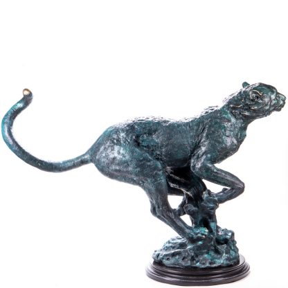 Bronze Figur Tier Laufender Gepard Grün Patiniert 84x126x44cm