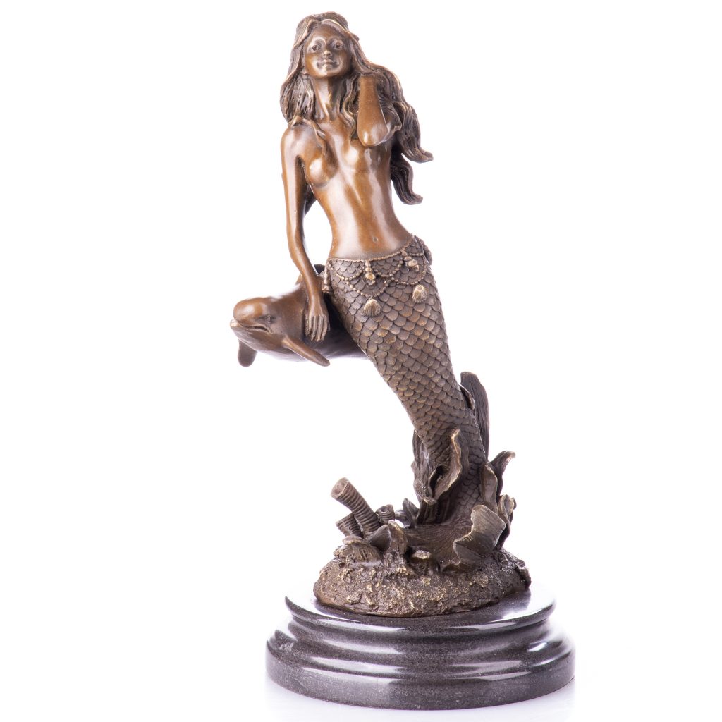 Bronze Figur Meerjungfrau mit Delfin 34x20x17cm