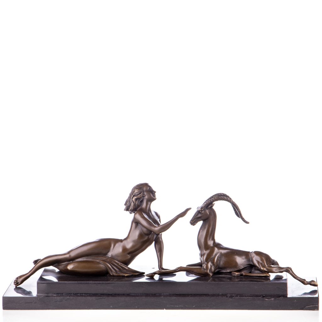 Art Deco Bronze Figur Frau mit Antilope 19x47x12cm