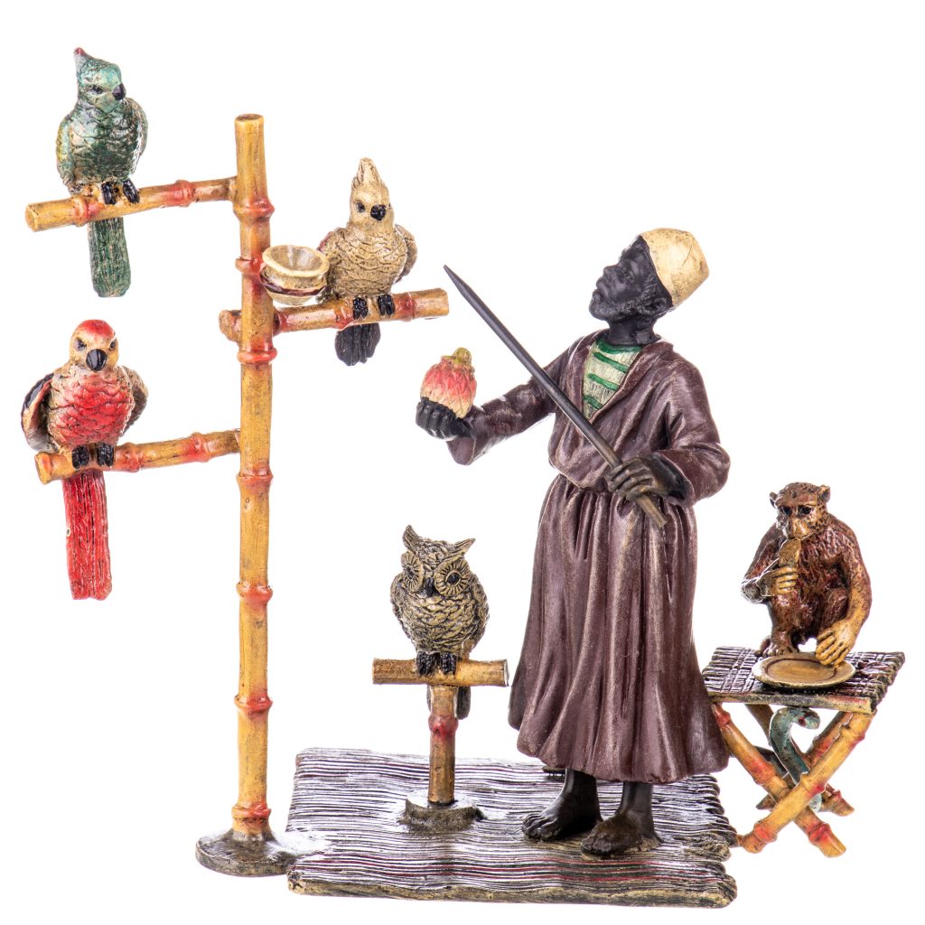 Farbige Bronzefigur Wiener Art Araber mit Papageien 18x18x9cm Farbige Bronzefigur Wiener Art Araber mit Papageien 18x18x9cm