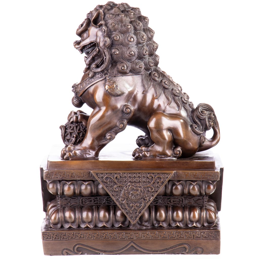Asiatica Bronzefigur Chinesischer Tempelwächter Löwe links 42x31x20cm