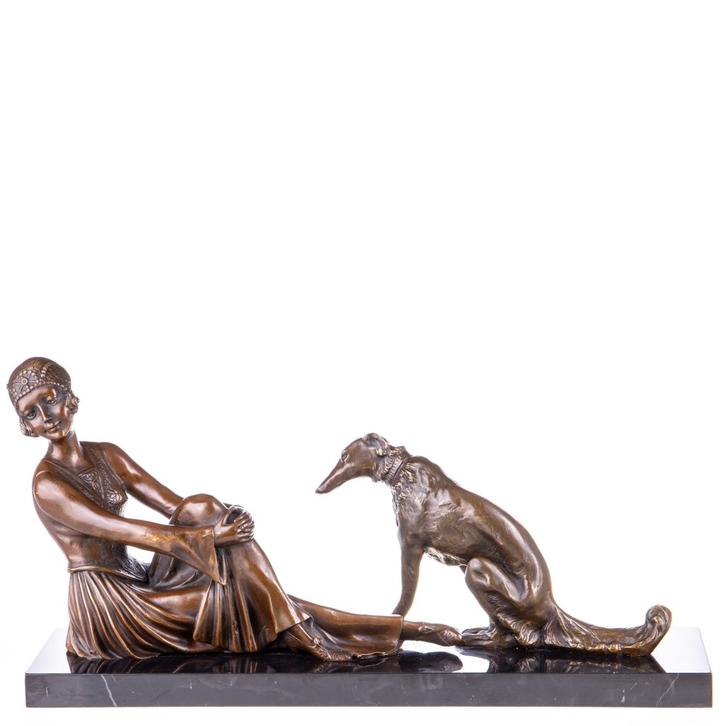 Art Deco Bronzefigur Frau mit Hund nach D.H.Chiparus 30x60x17cm