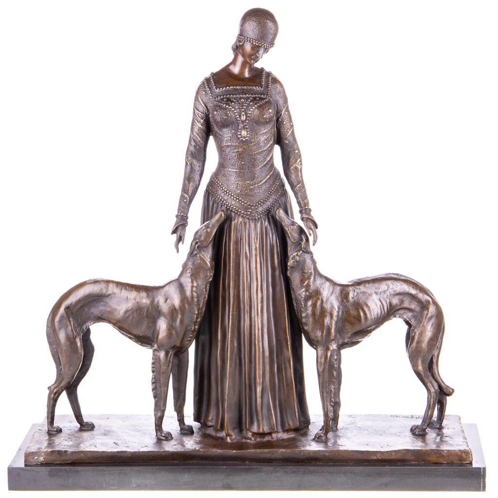 Art Deco Bronzefigur Frau mit zwei Hunden nach D.H.Chiparus 59x58x20cm Art Deco Bronzefigur Frau mit zwei Hunden nach D.H.Chiparus 59x58x20cm