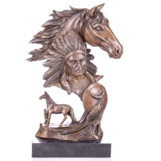 Western Bronzefigur Indianerbüste mit Pferd 32x22x13cm
