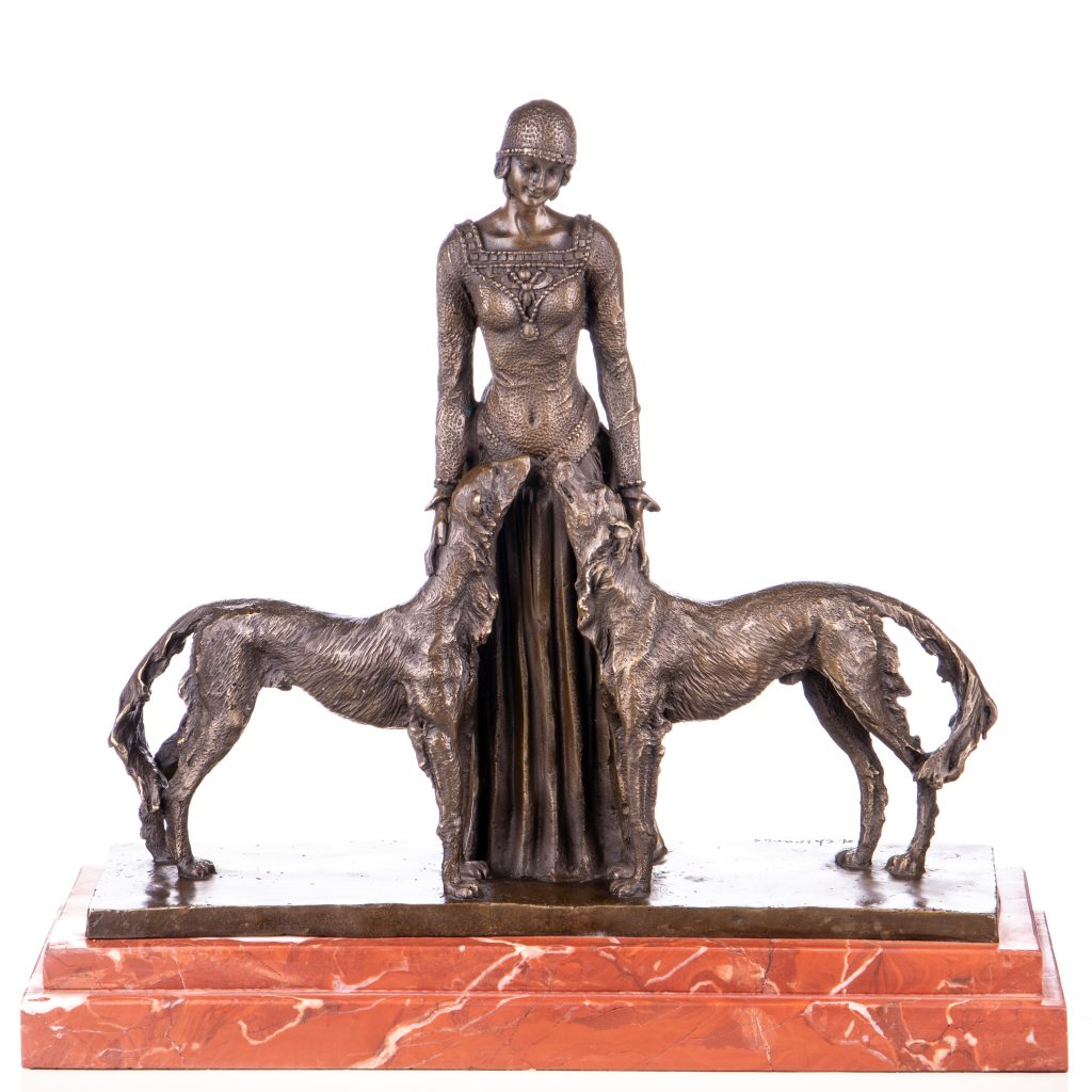 Art Deco Bronzefigur Frau mit zwei Hunden nach D.H.Chiparus 42x44x16cm