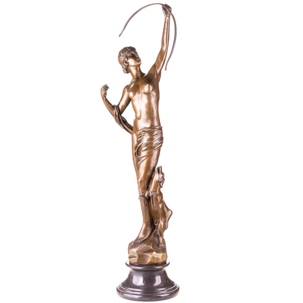 Mythologische Bronzefigur Diana Göttin der Jagd mit Bogen und Jagdhund 88x26x20cm