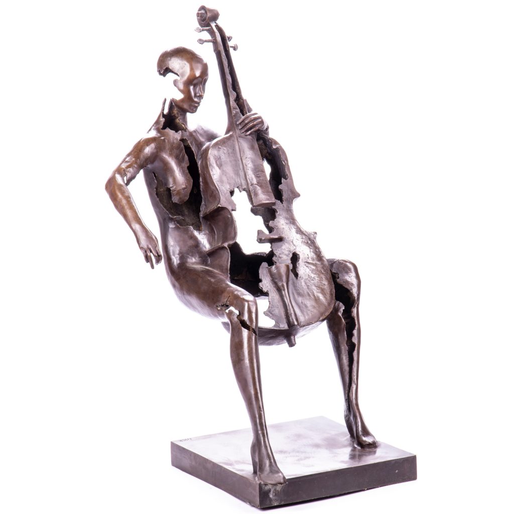 Moderne Bronzefigur Frau mit Cello 91x44x54cm
