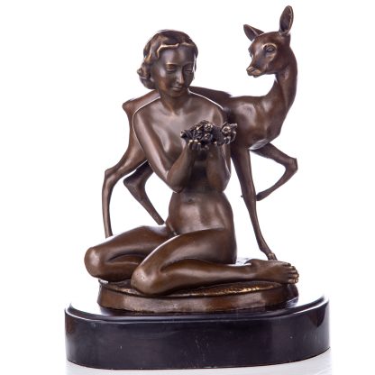 Bronzefigur-Frau-mit-Reh-27x20x15cm
