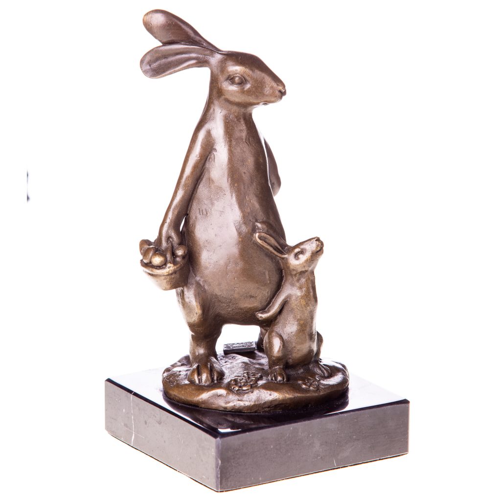 Bronze Figur Osterhase mit Hasenkind 17x8x8cm