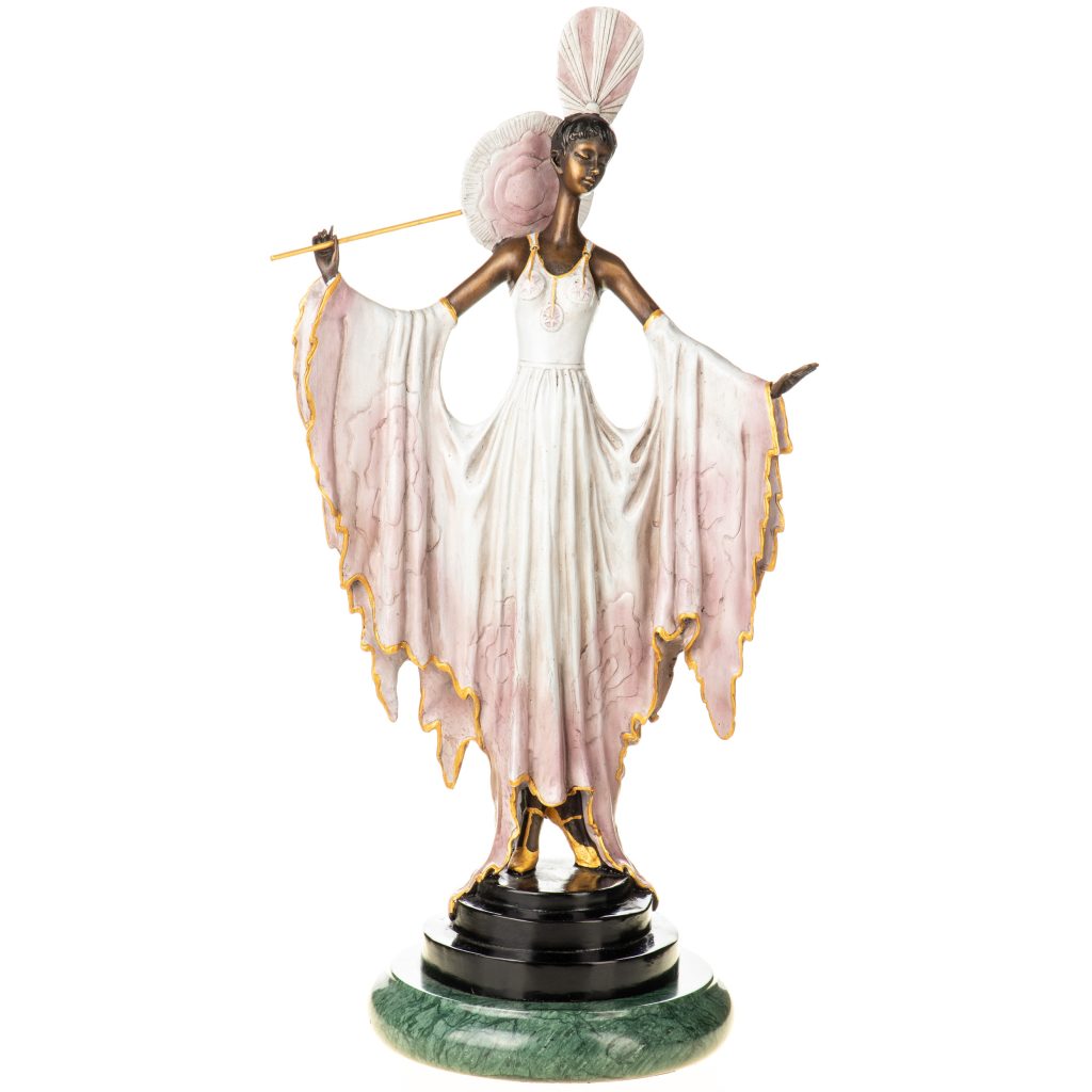 Farbige Art Deco Bronzefigur Frau mit Fächer 45x22x16cm