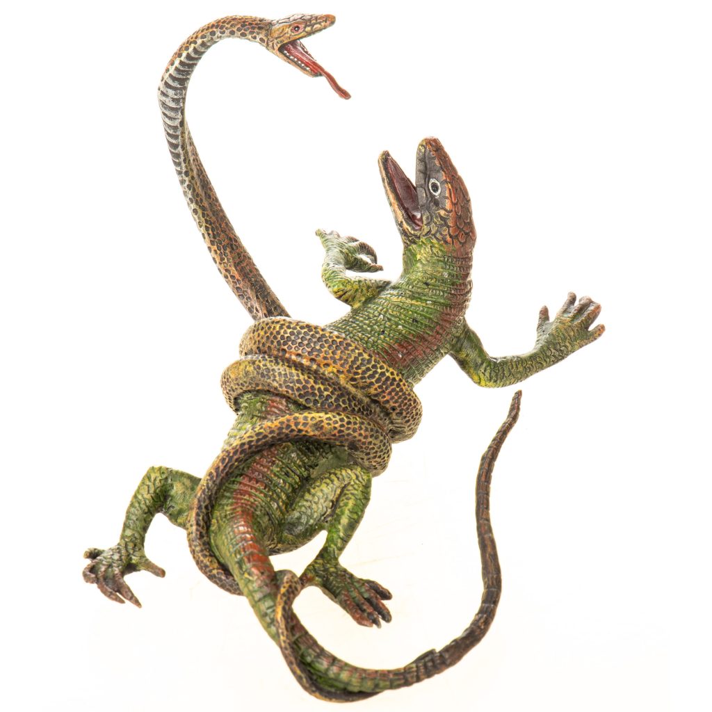 Farbige Bronzefigur Wiener Art Schlange und Eidechse 11x19x12cm Farbige Bronzefigur Wiener Art Schlange und Eidechse 11x19x12cm