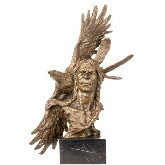 Western-Bronzefigur-Indianer-Bueste-mit-Adler-62x45x19cm